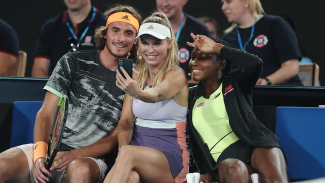 Carloine Wozniacki takes a selfie with Coco Gauff and Stefanos Tsitsipas. Picture: Michael Klein