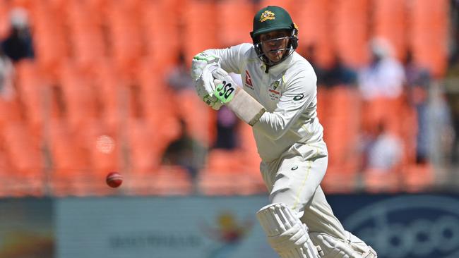 Usman Khawaja plays a shot during the first day of the fourth and final Test cricket match between India and Australia at the Narendra Modi Stadium in Ahmedabad. Picture: AFP