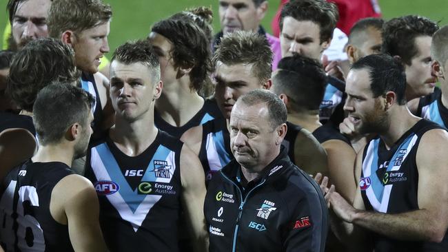 Honest appraisal ... Ken Hinkley with his players during the loss to Melbourne. He says some careers are in the balance over the next two weeks. Picture: Sarah Reed