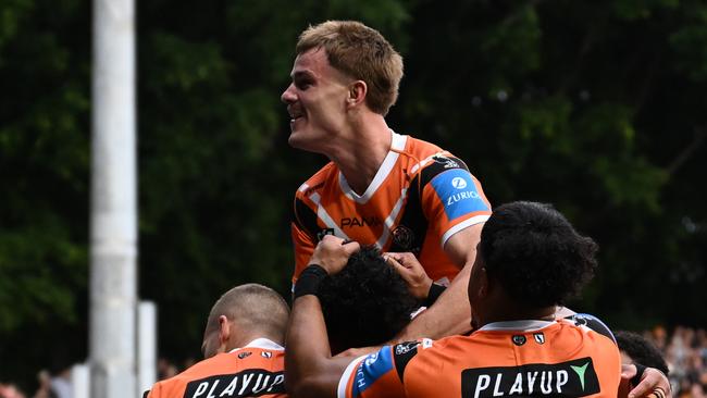 NRL 2025 RD08 Wests Tigers v Cronulla-Sutherland Sharks - Lachlan Galvin, Celeb. Picture: NRL Photos