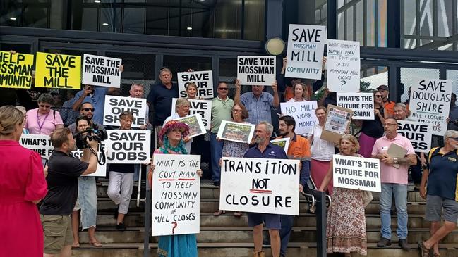 About 50 Mossman and Douglas Shire residents held a demonstration out the front of a community cabinet meeting in Cairns earlier this year, advocating for the government to step in and offer the Mossman mill a lifeline. It prompted Premier Steven Miles to announce a $12m transition package. Picture: Supplied