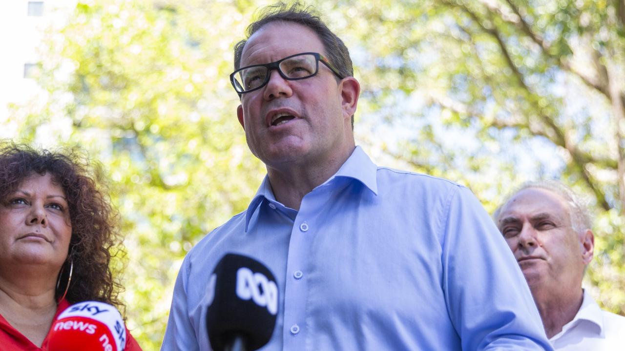 Member for Solomon Luke Gosling speaking at a press conference in the Darwin CBD. Picture: Floss Adams.