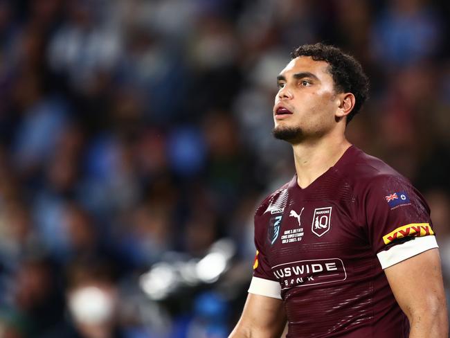 GOLD COAST, AUSTRALIA - JULY 14: Xavier Coates of the Maroons looks on during game three of the 2021 State of Origin Series between the New South Wales Blues and the Queensland Maroons at Cbus Super Stadium on July 14, 2021 in Gold Coast, Australia. (Photo by Chris Hyde/Getty Images)