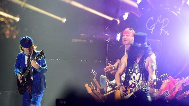 Angus Young joins Guns N’Roses on stage at Coachella. (Photo by Frazer Harrison/Getty Images)