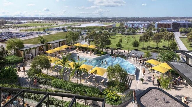 Artist impression of the Atura Pool Deck overlooking Perich Park and Oran Park Library.