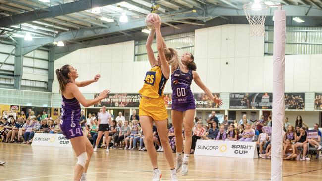 Debutant Charlie Bell was dominant in goals during Suncorp Spirit Cup match between the Queensland Firebirds and Sunshine Coast Lightning on Saturday, November 26 2022 at the Mackay Multisport Stadium. Picture: Michaela Harlow