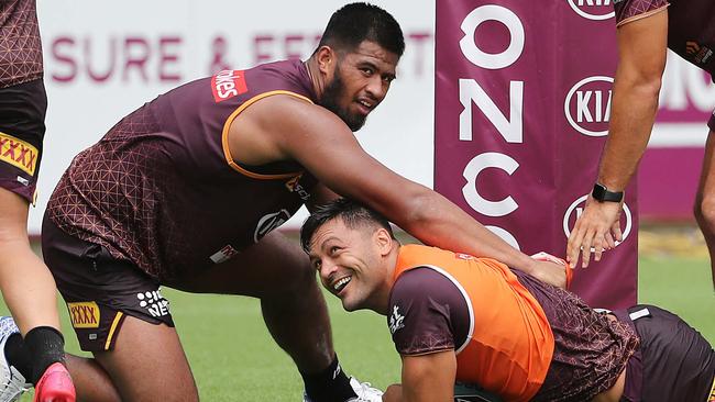 Payne Haas and Alex Glenn. The Brisbane Broncos training at Red Hill.  Pic Peter Wallis