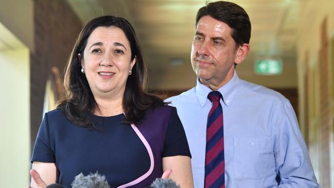 Queensland Premier Annastacia Palaszczuk and Health Minister Cameron Dick in Proserpine. Picture: Darren England/AAP