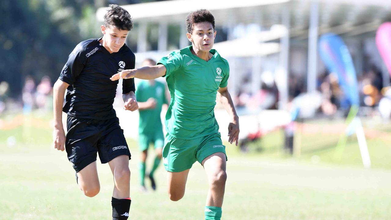 Football Queensland Community Cup carnival, Maroochydore. U13 boys, Sunshine Coast V Metro North. Picture: Patrick Woods.