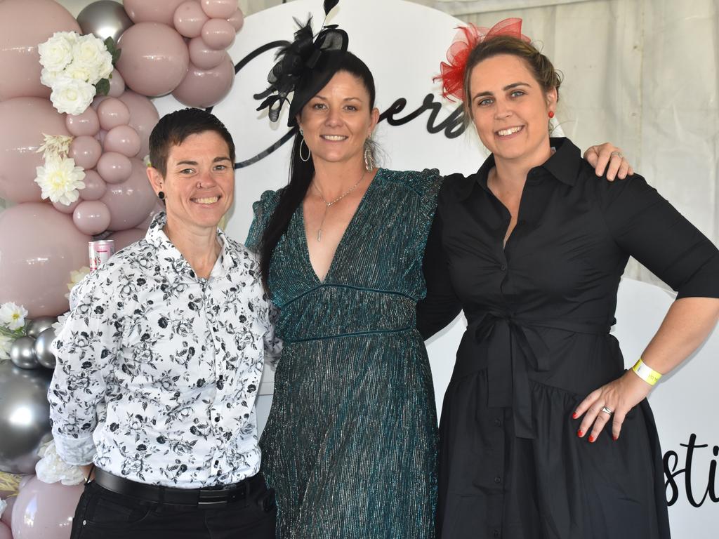 Cindy Ferricks, Anna Hamilton and Tameale Goodman at the Rockhampton Cup race meeting at Callaghan Park on July 13, 2024.