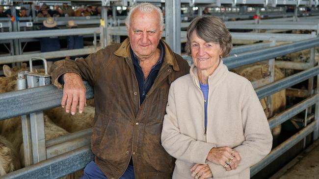 Charles Stewart and Co livestock agent Clarrie Smith with Mondy Smith, from Cobden. Picture: Rachel Simmonds