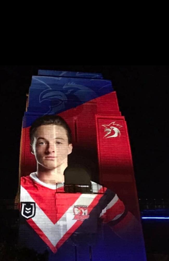 Sam Verrills' face on the harbour bridge ahead of the Roosters vs Raiders Grand Final on Sunday. Picture: Supplied.