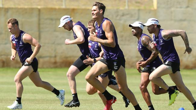 Rory Lobb, centre, during his first pre-season at Fremantle.