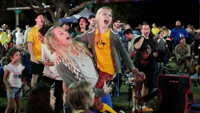 Fans celebrate after Australia defeated France in the quarter-finals of the FIFA Women's World Cup, at The Strand in Townsville on August 12, 2023. Picture: Blair Jackson