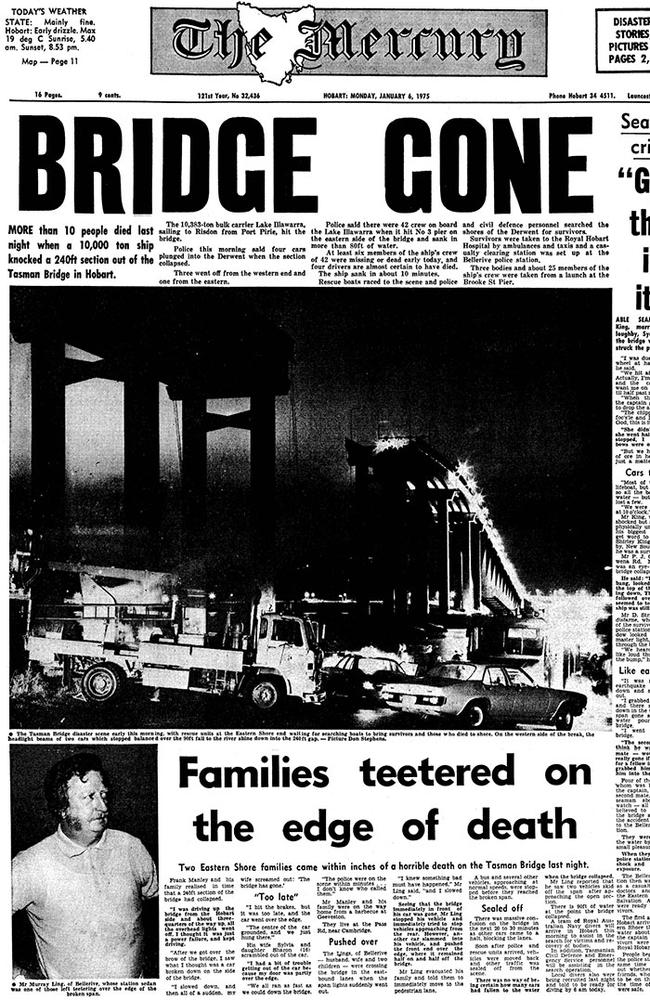 Historic front page of the Hobart Mercury from January 6, 1975 reporting the Tasman Bridge collapse on the evening of January 5, 1975.