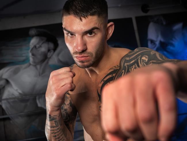 (CONTACT PICTURE DESK BEFORE USE) Boxer Michael Zerafa training at his gym ahead of fight with Tim Tsuzu. Picture: Tony Gough