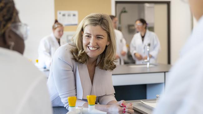 Queensland Attorney-General Shannon Fentiman speaks with science students at the new state-of-the-art STEAM facility at Mable Park High School, Slacks Creek. Picture: NewsWire / Sarah Marshall