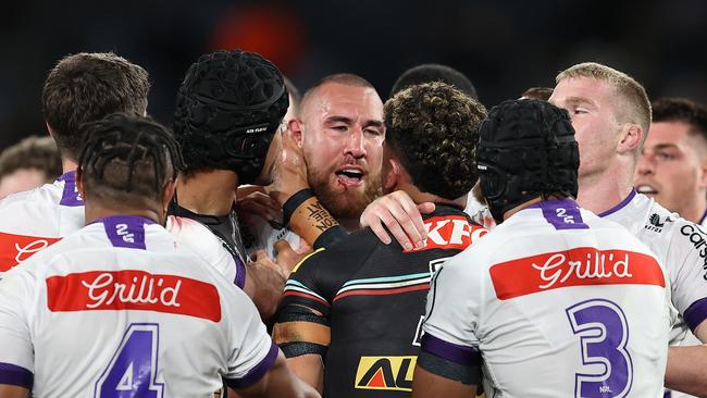 SYDNEY, AUSTRALIA - SEPTEMBER 22:  Nelson Asofa-Solomona of the Storm scuffles with Panthers players during the NRL Preliminary Final match between the Penrith Panthers and Melbourne Storm at Accor Stadium on September 22, 2023 in Sydney, Australia. (Photo by Brendon Thorne/Getty Images)