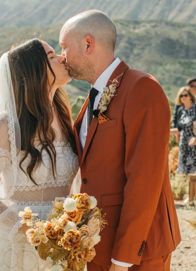 The bride wore a Victorian prairie girl dress for her 70s