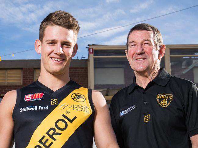 14/6/17 Mayor Stephen Patterson with Glenelg Tigers senior footballer Elliot Chalmers and CEO Glen Elliot looking to the future after the council has wiped the club's debt at Gliderol Stadium in Glenelg. Picture: MATT LOXTON