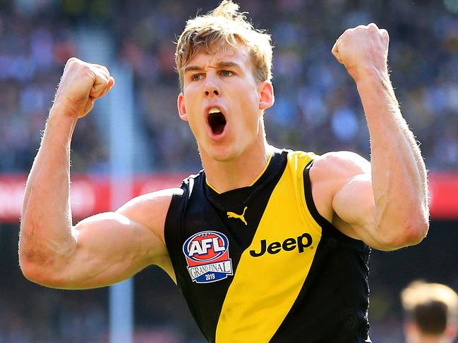 Tom Lynch of the Tigers kicks a goal during the 2019 AFL Grand Final match between the Richmond Tigers and the GWS Giants at the MCG on September 28, 2019 in Melbourne, Australia. Picture: Mark Stewar