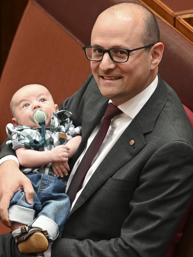 Senator Raff Ciccone and baby boy in the Senate at Parliament House in Canberra. Picture: Martin Ollman