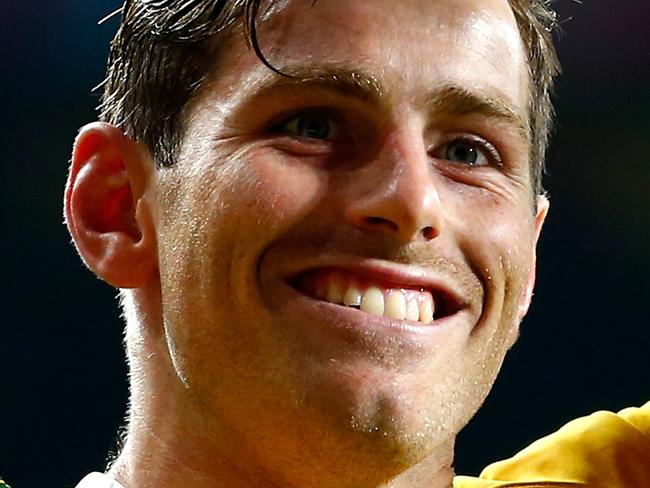 LONDON, ENGLAND - OCTOBER 10: Bernard Foley of Australia celebrates after the 2015 Rugby World Cup Pool A match between Australia and Wales at Twickenham Stadium on October 10, 2015 in London, United Kingdom. (Photo by Mike Hewitt/Getty Images)