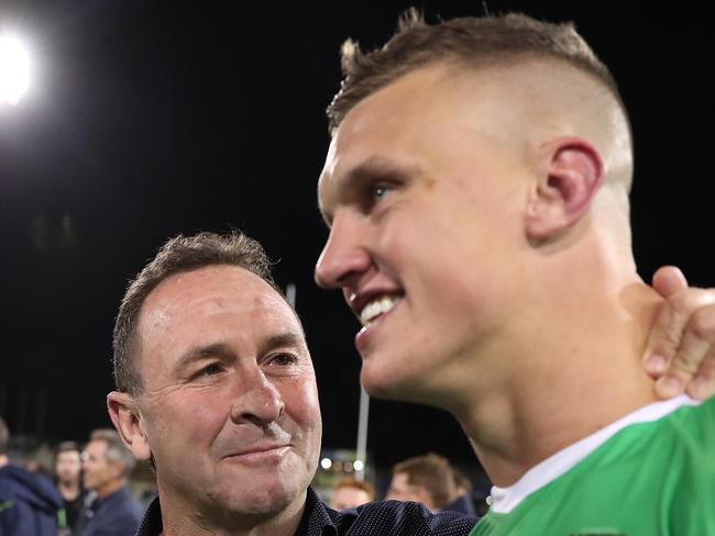 Canberra coach Ricky Stuart with Canberra's Jack Wighton after the Canberra Raiders v South Sydney Preliminary NRL Final at GIO Stadium, Canberra.