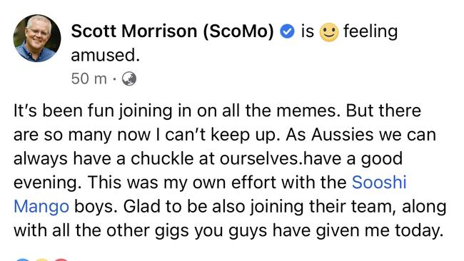 Scott Morrison is ‘feeling amused’. Picture: Facebook