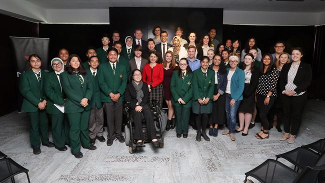 Premier Gladys Berejiklian joins students from Merrylands High School at the 2017 Project Sydney Youth Forum yesterday. Picture: Richard Dobson