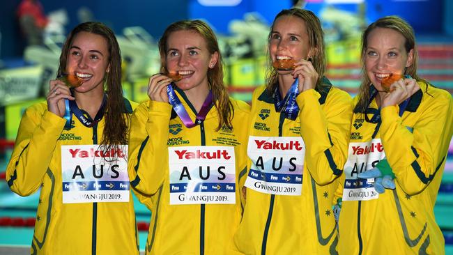 Madi Wilson (far right) tasted relay success at the 2019 World Championships