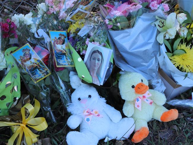 Flowers, cards and toys laid at the crash site. Picture: Danielle Jarvis