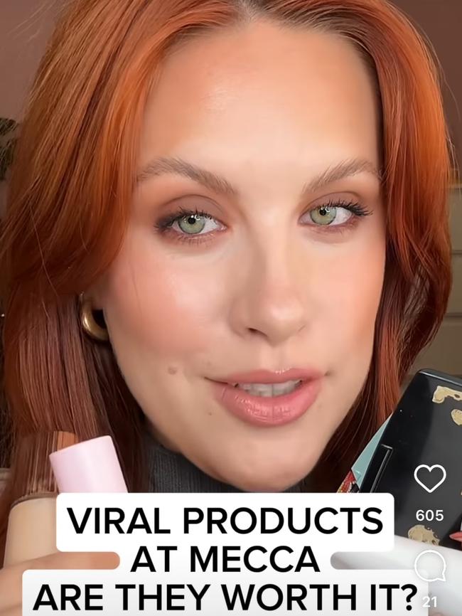 TikTok and Instagram beauty influencer Claire Bridgett with one of her hugely popular Mecca product reviews. Picture: TikTok