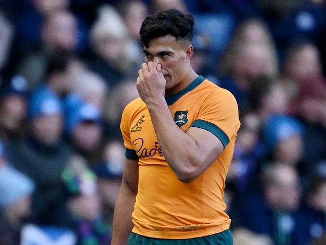 EDINBURGH, SCOTLAND - NOVEMBER 24: Joseph-Aukuso Suaalii of Australia reacts as he leaves the field following medical treatment after picking up an injury during the Autumn Nations Series 2024 match between Scotland and Australia at Scottish Gas Murrayfield on November 24, 2024 in Edinburgh, Scotland. (Photo by Stu Forster/Getty Images)