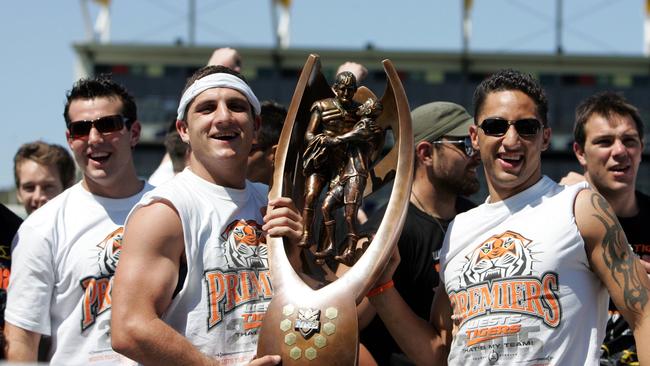 NRL - Wests Tigers celebrations at Campbelltown Sports ground. Robbie Farah and Benji Marshall