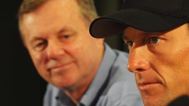 Former premier Mike Rann and now-disgraced cyclist Lance Armstrong at a Tour Down Under press conference in 2010. 