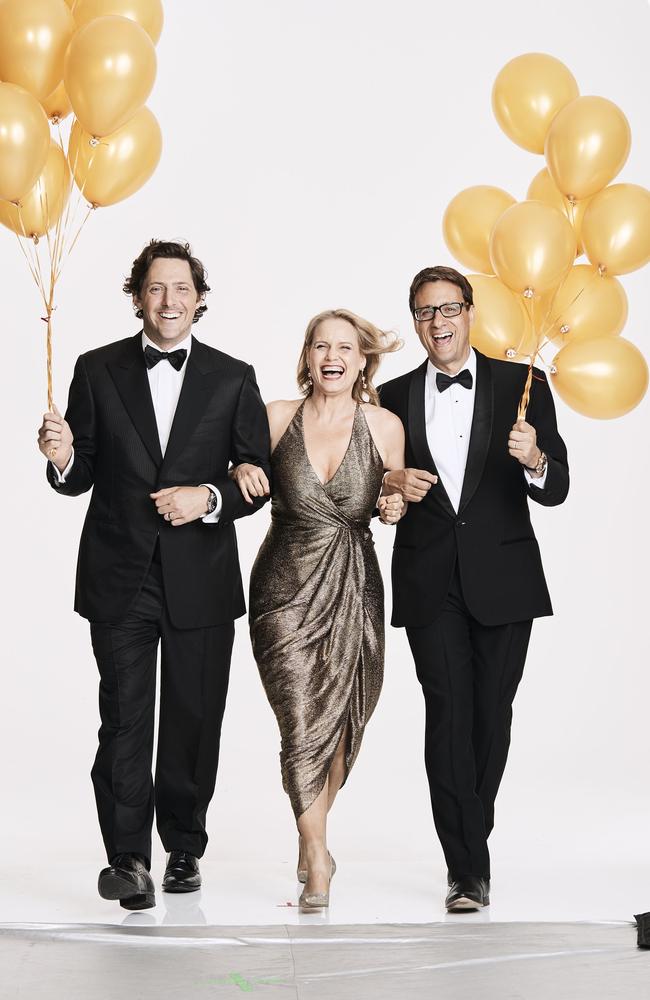 Charlie Albone, Shayna Blaze and Andrew Winter celebrate a new series of Selling Houses Australia, one of the most popular shows on Foxtel. Picture: Foxtel