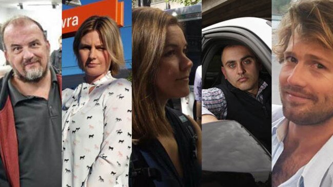 Sydney’s five faces of commuter pain. From left: Matthew Gregory from Hardys Bay, Abby Jones of Bateau Bay, Elizabeth Smith of Collaroy Plateau, Joe Rahme from Granville and Cameron Brown from Blackheath.