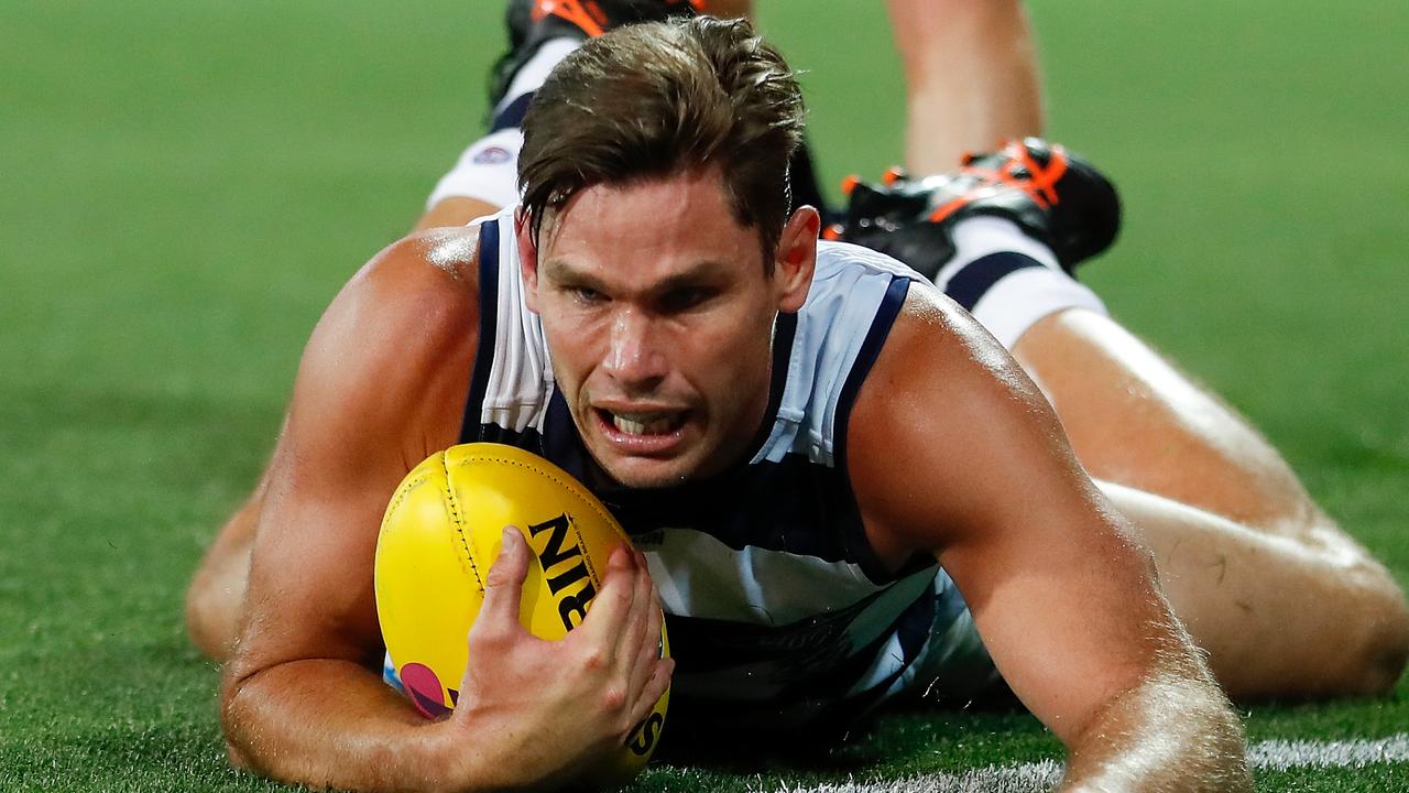 Tom Hawkins did everything except kick straight in the first half (Photo by Michael Willson/AFL Photos via Getty Images).