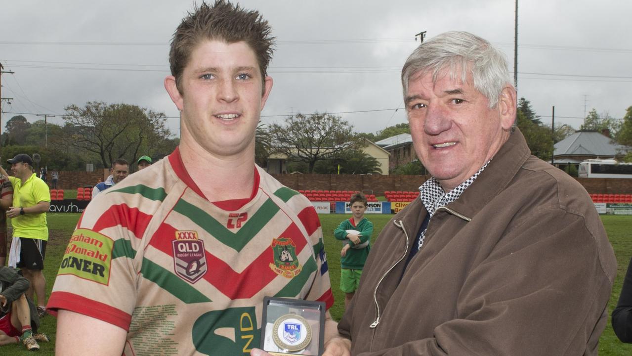 Thomas O'Sullivan, Pittsworth wins the man of the match award the John McDonald Medal presented by John \\" Cracker \\" McDonald. TRL Grand Final Pittsworth Danes vs Warwick Cowboys. Saturday Sep 17, 2016.