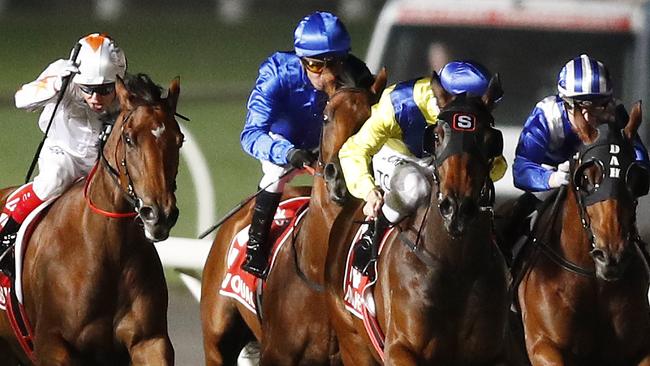 Bivouac (blue colours) didn’t get the best of luck in the Manikato Stakes. Picture: Getty Images