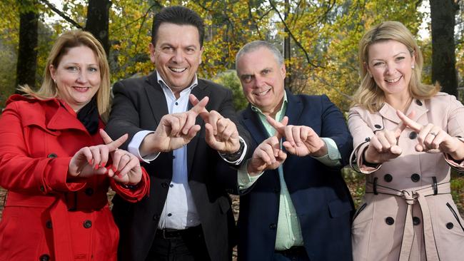 In happier times ... Rebekha Sharkie with former NXT leader Nick Xenophon, Stirling Griff and Skye Kakoschke-Moore. Picture: Tricia Watkinson