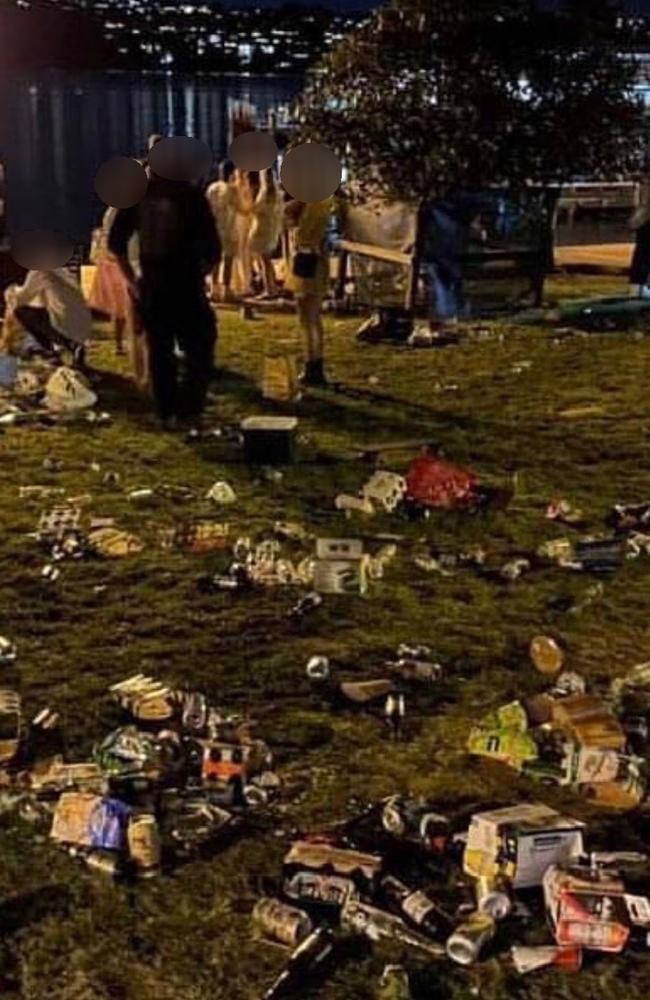 Piles of empty alcohol and food containers left behind by revellers at East Esplanade Reserve at Manly on the evening of Friday, September 24. It is not suggested any person in this photograph has breached Covid public health orders. Picture: Supplied