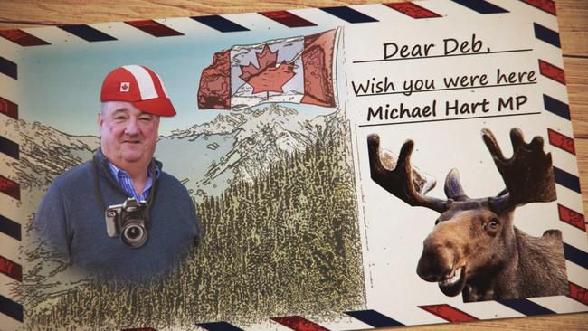 A mocked up postcard mocking Burleigh MP Michael Hart for missing Parliament and taking an overseas trip to Canada.