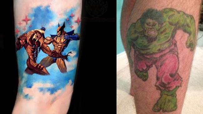 Artist-generated pictures depict a Wolverine versus Sabretooth tattoo and an Incredible Hulk tattoo. Picture: Victoria Police