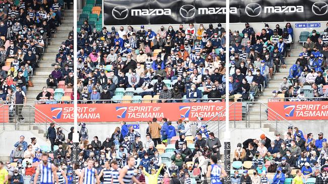 HOBART, AUSTRALIA – JULY 31: Fans are seen during the round 20 AFL match between North Melbourne Kangaroos and Geelong Cats at Blundstone Arena on July 31, 2021 in Hobart, Australia. (Photo by Steve Bell/AFL Photos/via Getty Images)