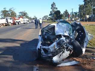 Crash involving two trucks and a ute on outskirts of Dalby, 9 July 2013. Photo Dalby Herald