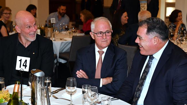 Australian Republic Movement chair Peter FitzSimons, former prime minister Malcolm Turnbull and Australian Rugby League coach Mal Meninga at the 20th anniversary of the republic referendum dinner. Picture: AAP