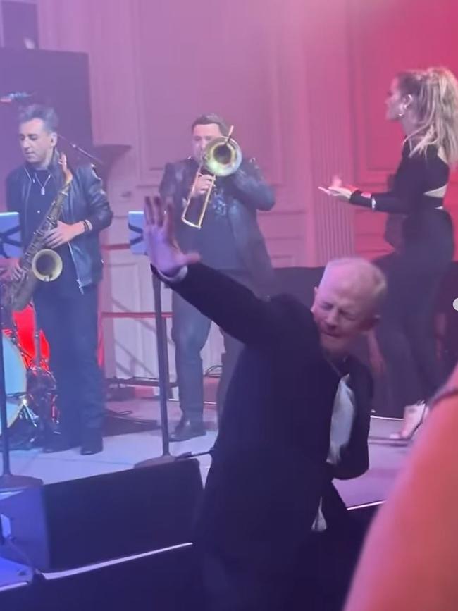 Ian Smith dances and does 'the worm' in front of Rita Ora’s performance at the Prince’s Trust Global Gala in New York. Picture: Instagram