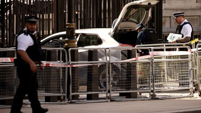 Car Collides With Gates Outside British PM’s Office in London